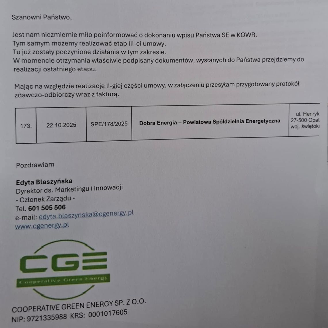 Powiatowa Spółdzielnia Energetyczna Dobra Energia zarejestrowana